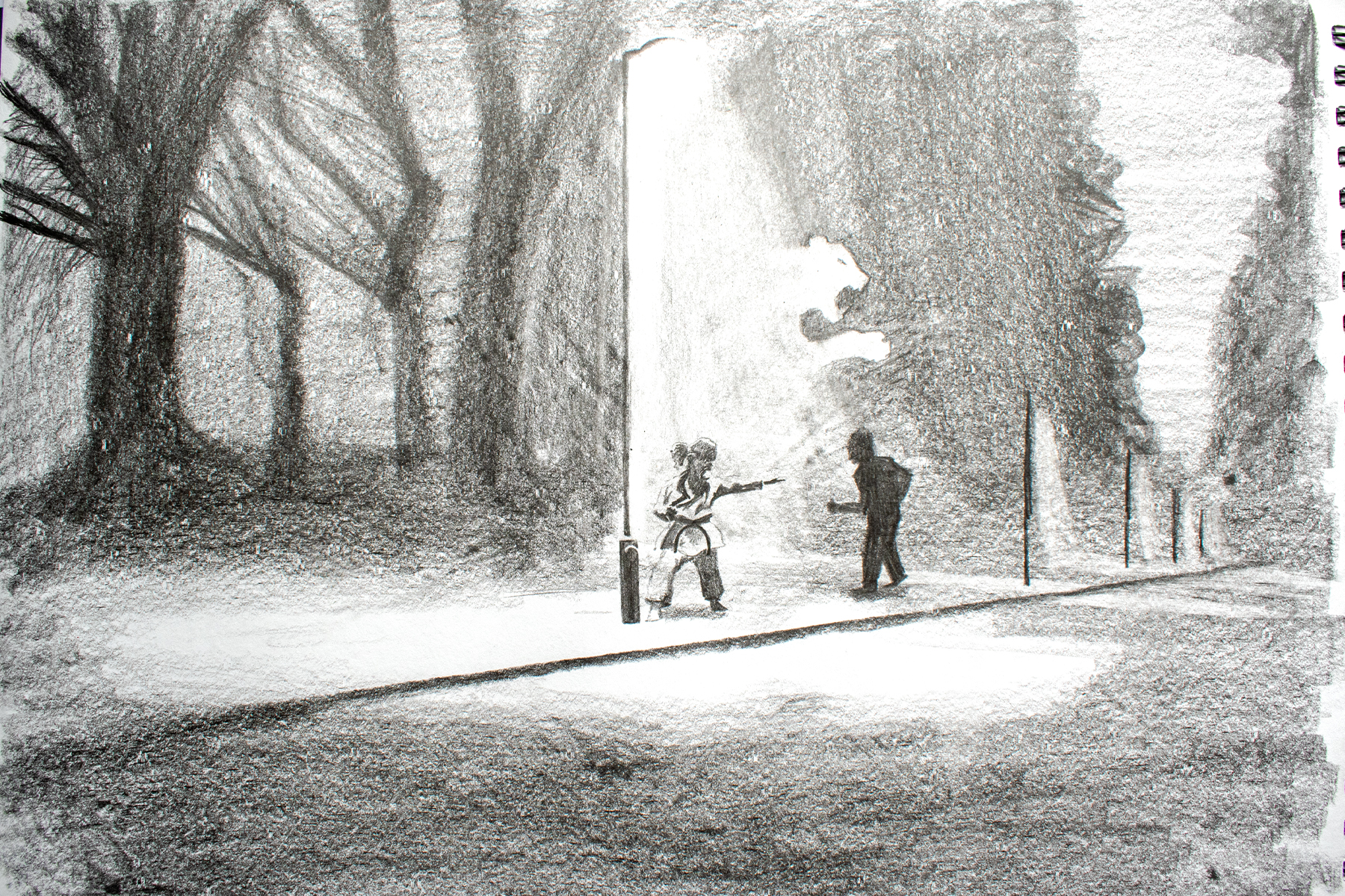 sketchbook page with pencil drawing of woman defending herself at night