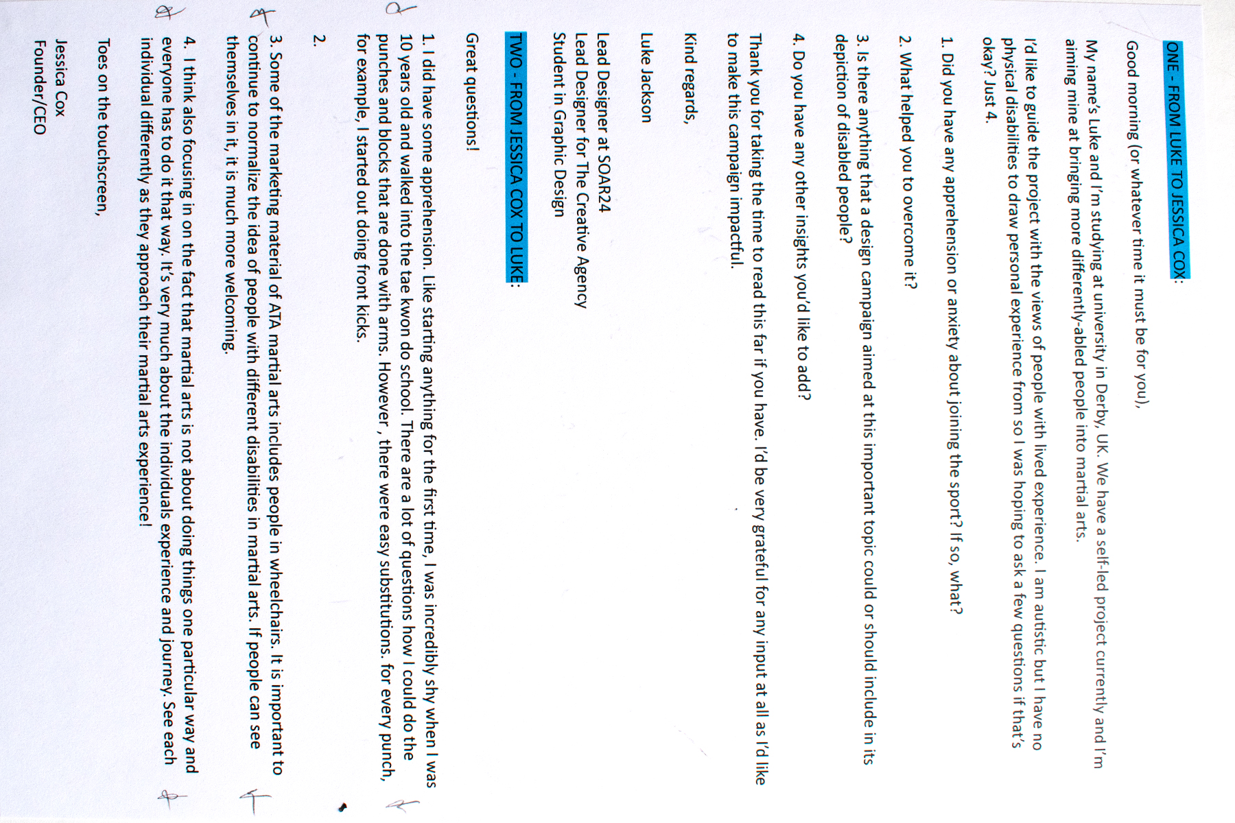 email exchange with renowned disabled martial artist Jessica Cox