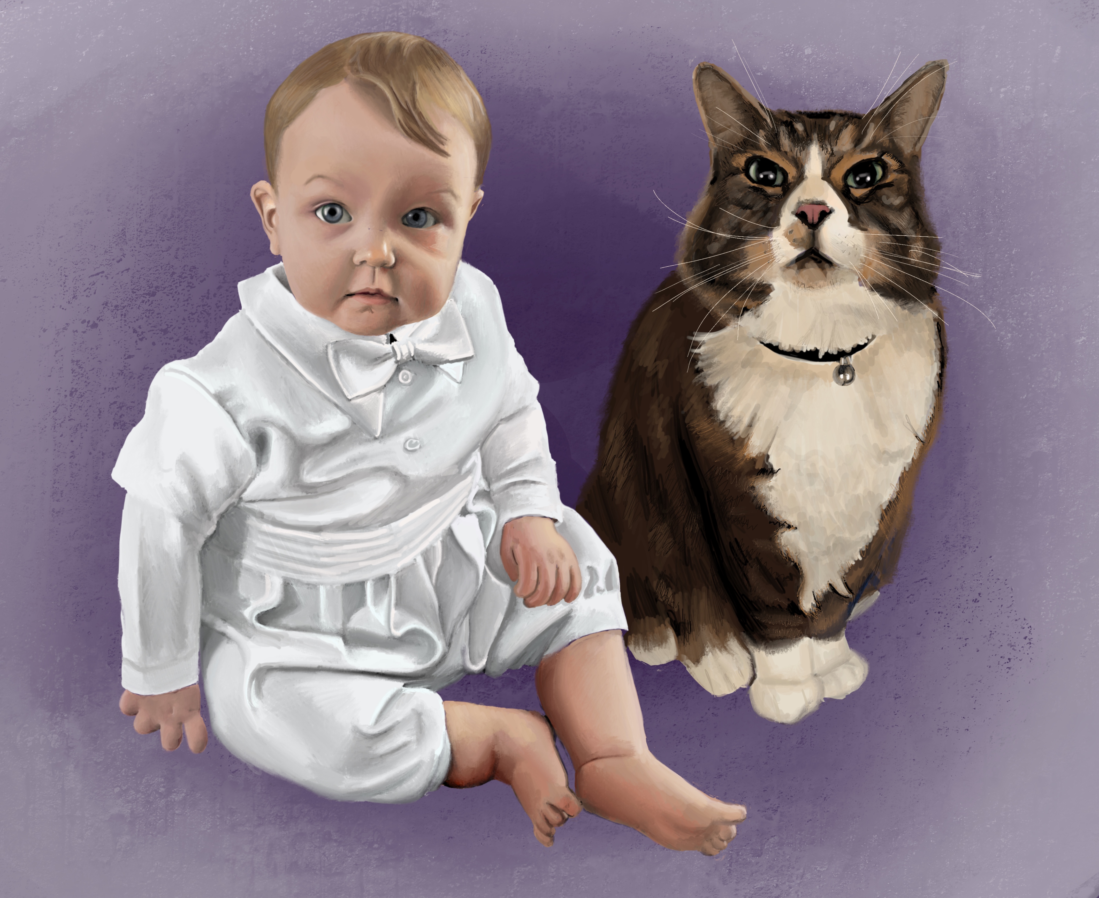 digital painting of baby and domestic cat sat together on purple
