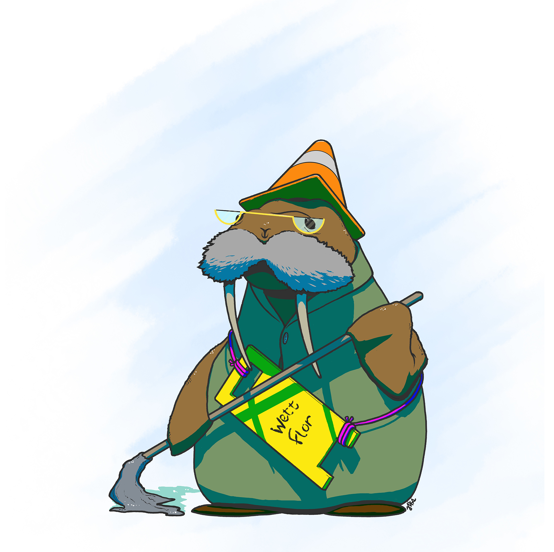 humanoid walrus janitor in comedic illustration