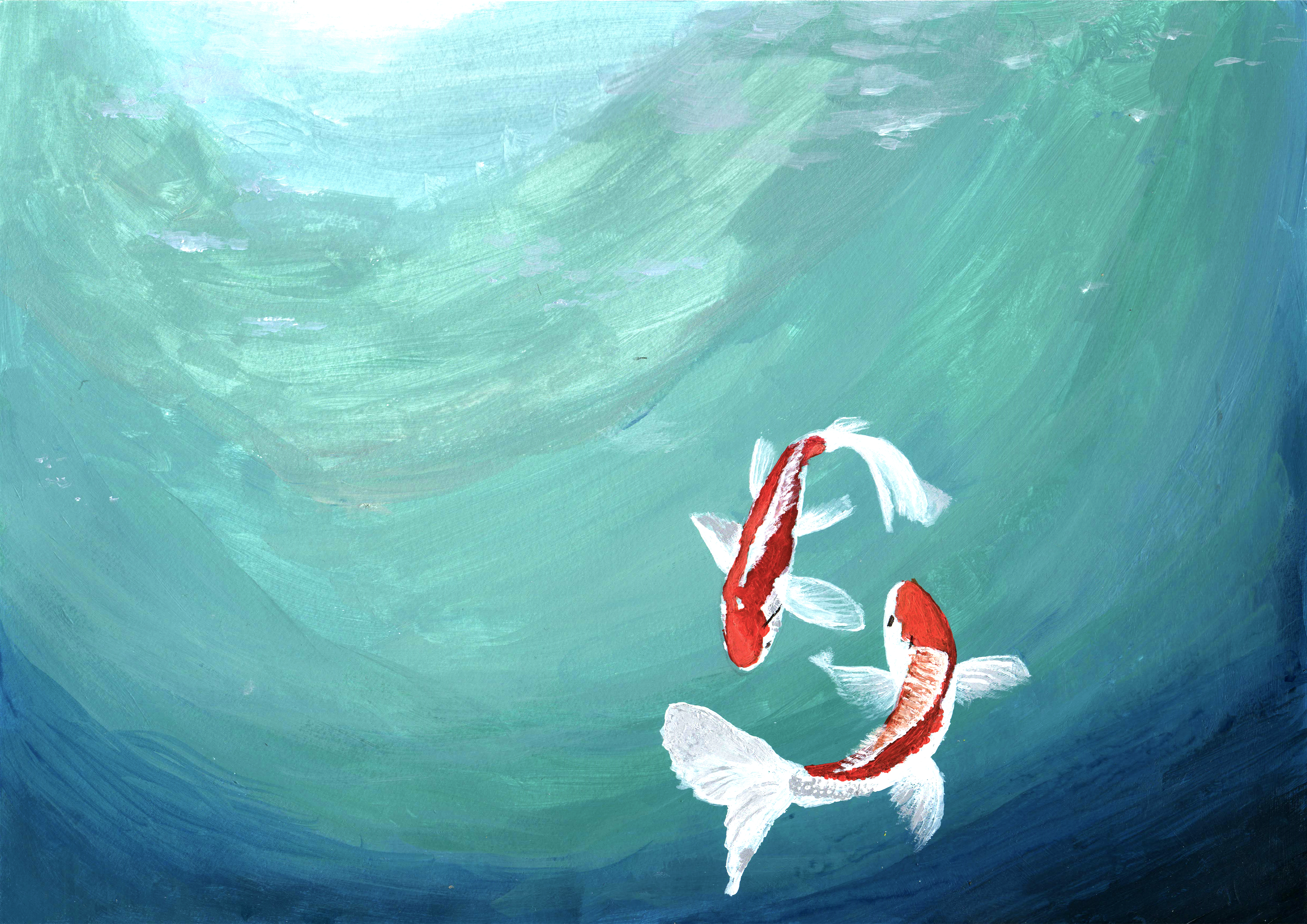 acrylic painting of koi fish from underwater point of view
