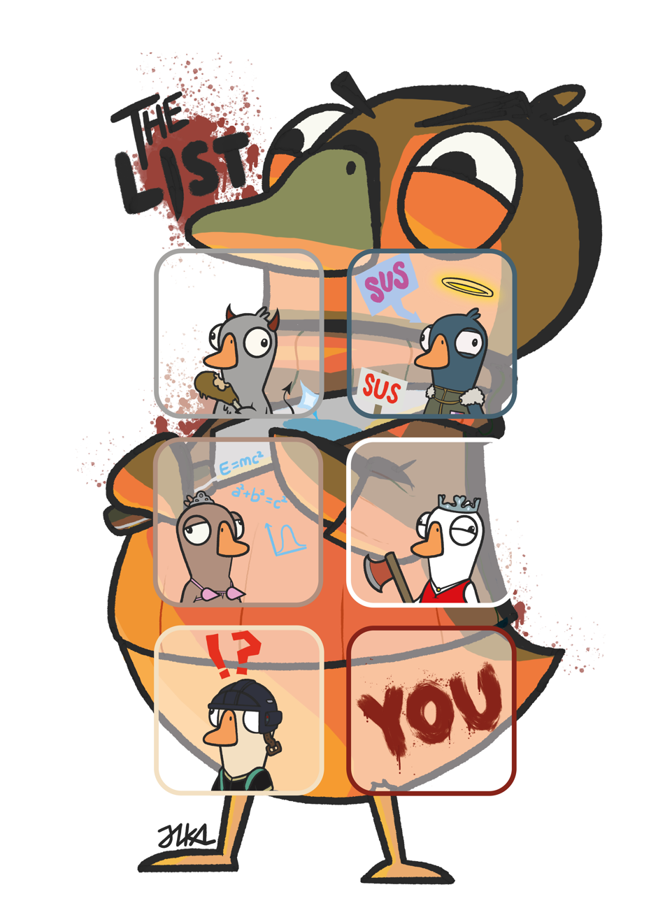 comedic t-shirt design of orange goose avatar from goose goose duck game with list of enemies in front