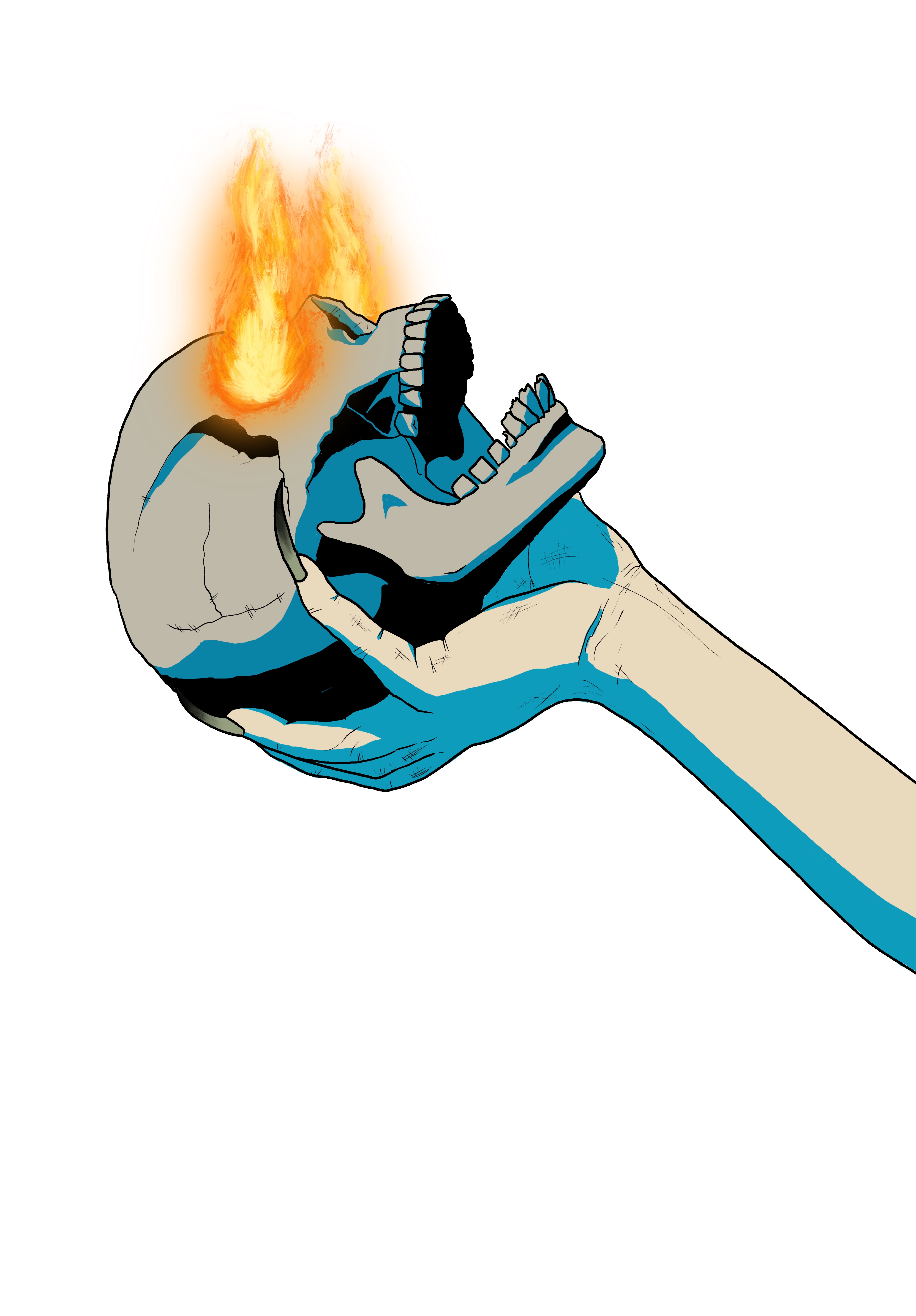illustration of skull with eyes ablaze raised by outstretched hand