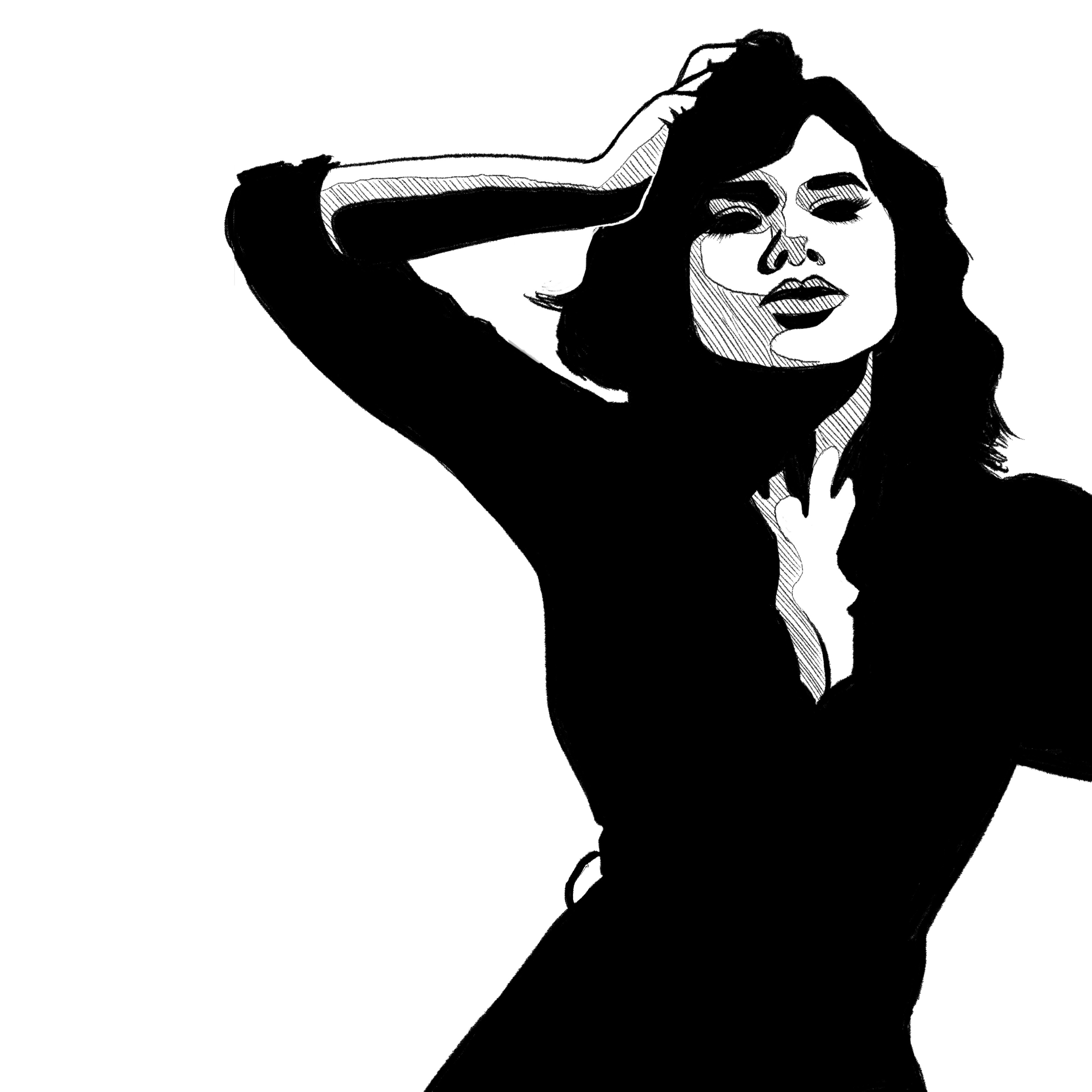 figure drawn in black with hand in hair