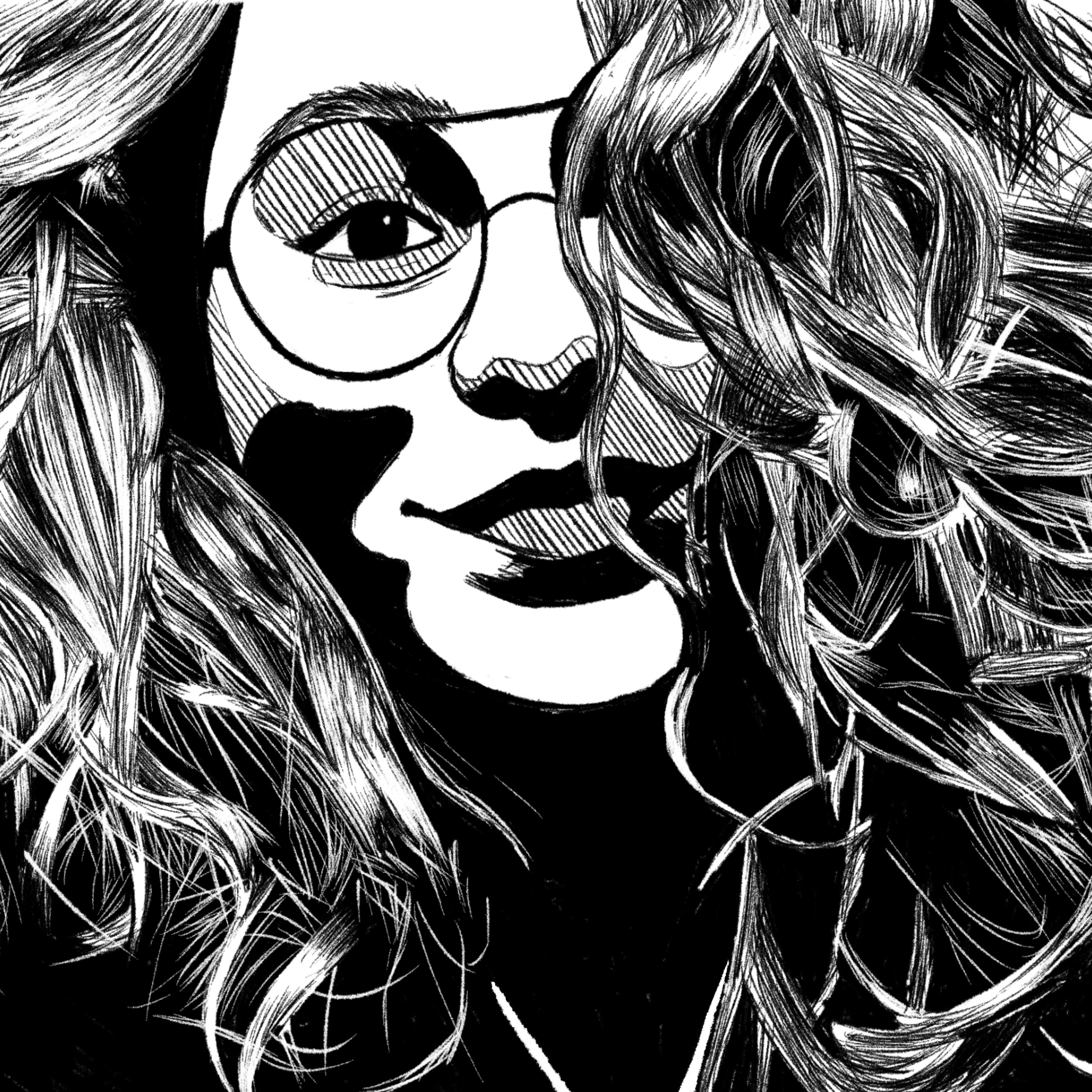 figure with thick curls cascading over glasses and face