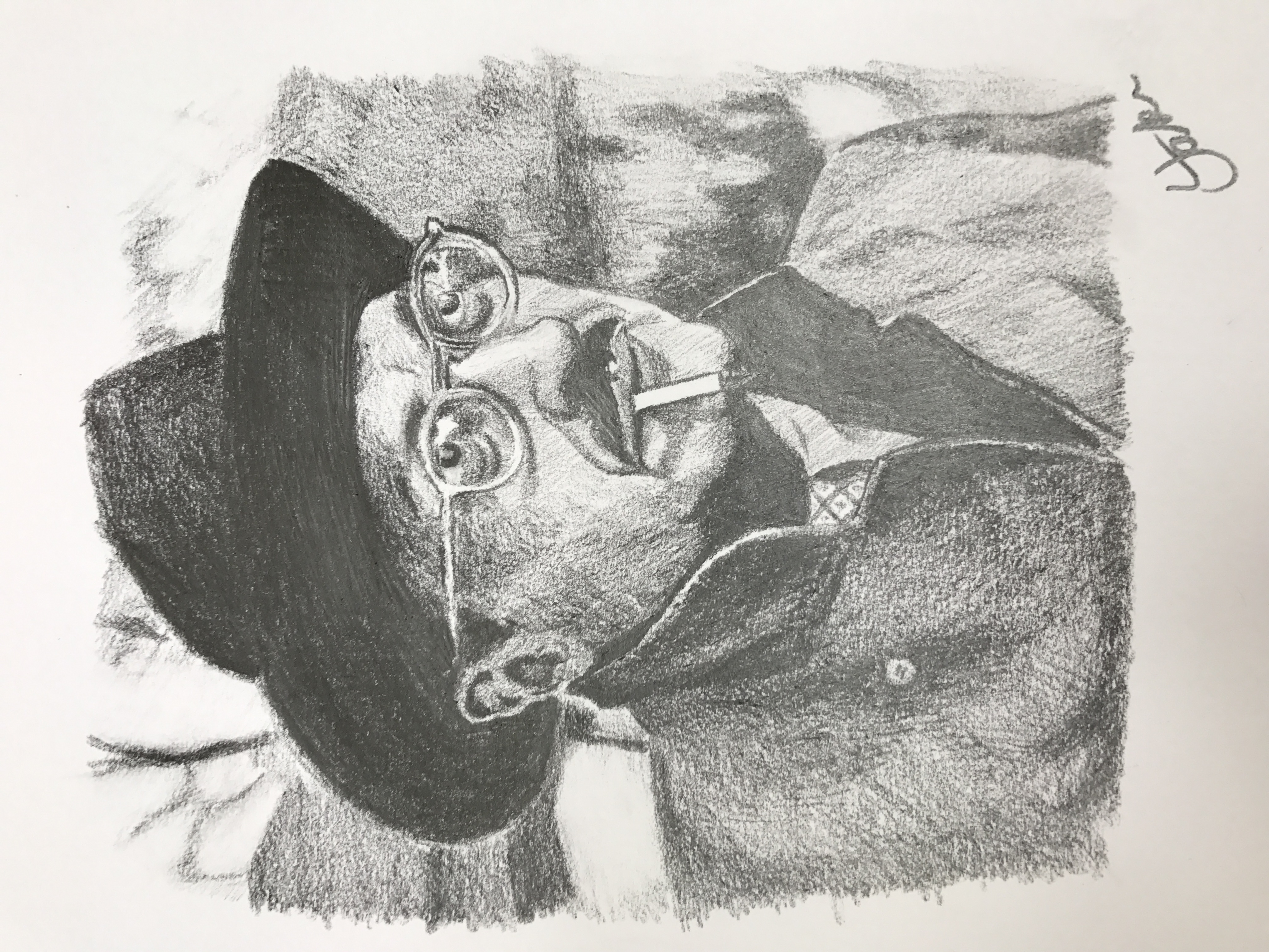 figure with moustache and wide-brimmed hat wearing glasses with a cigarette dangling from lips and collar turned up
