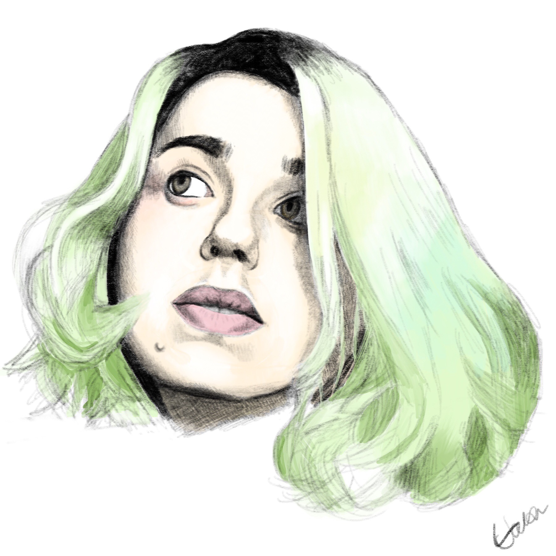 figure with upturned gaze and green hair with dark roots