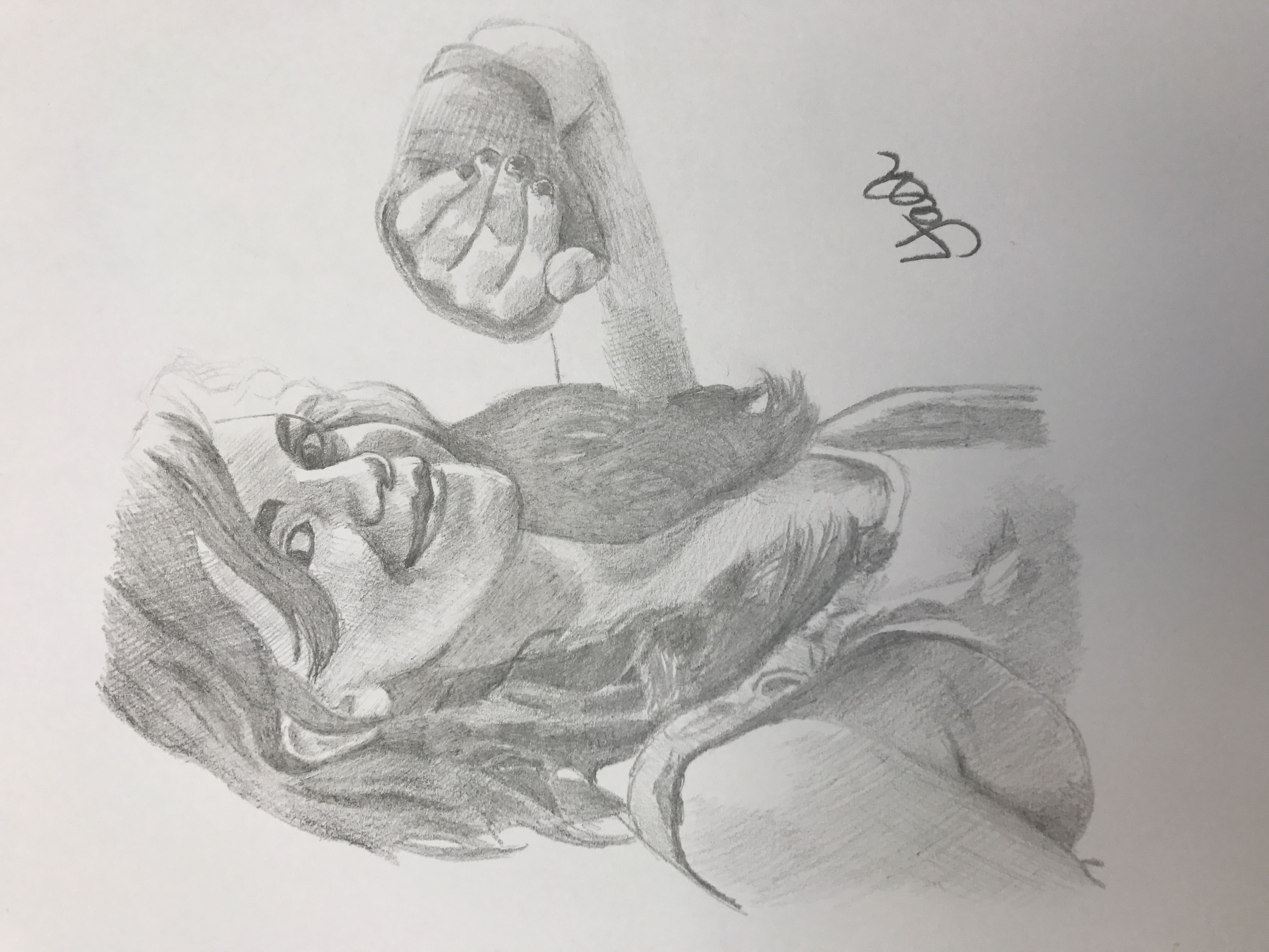 pencil drawing of figure with arm cast raised