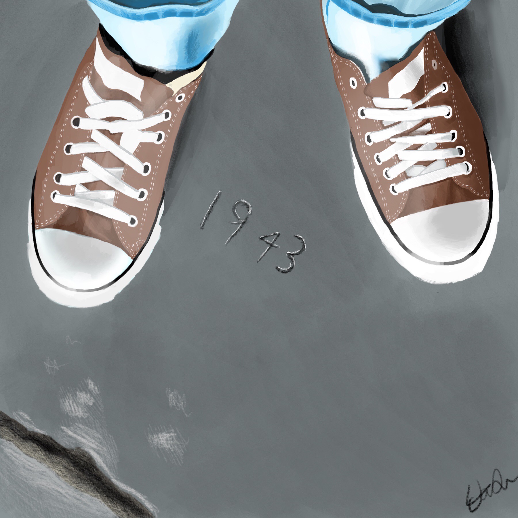 illustration of feet in converse low-tops on concrete