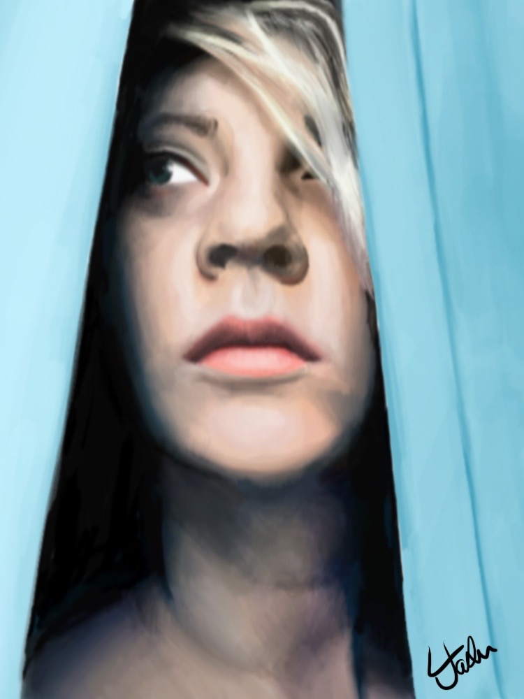 figure looking out from pale blue curtains