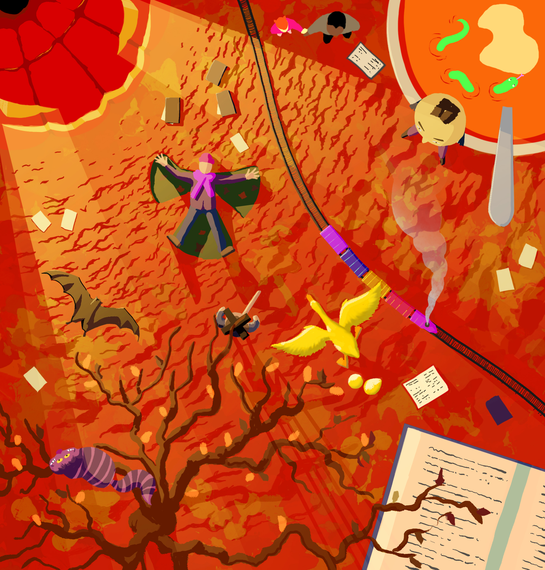 autumnal illustration with story book characters together