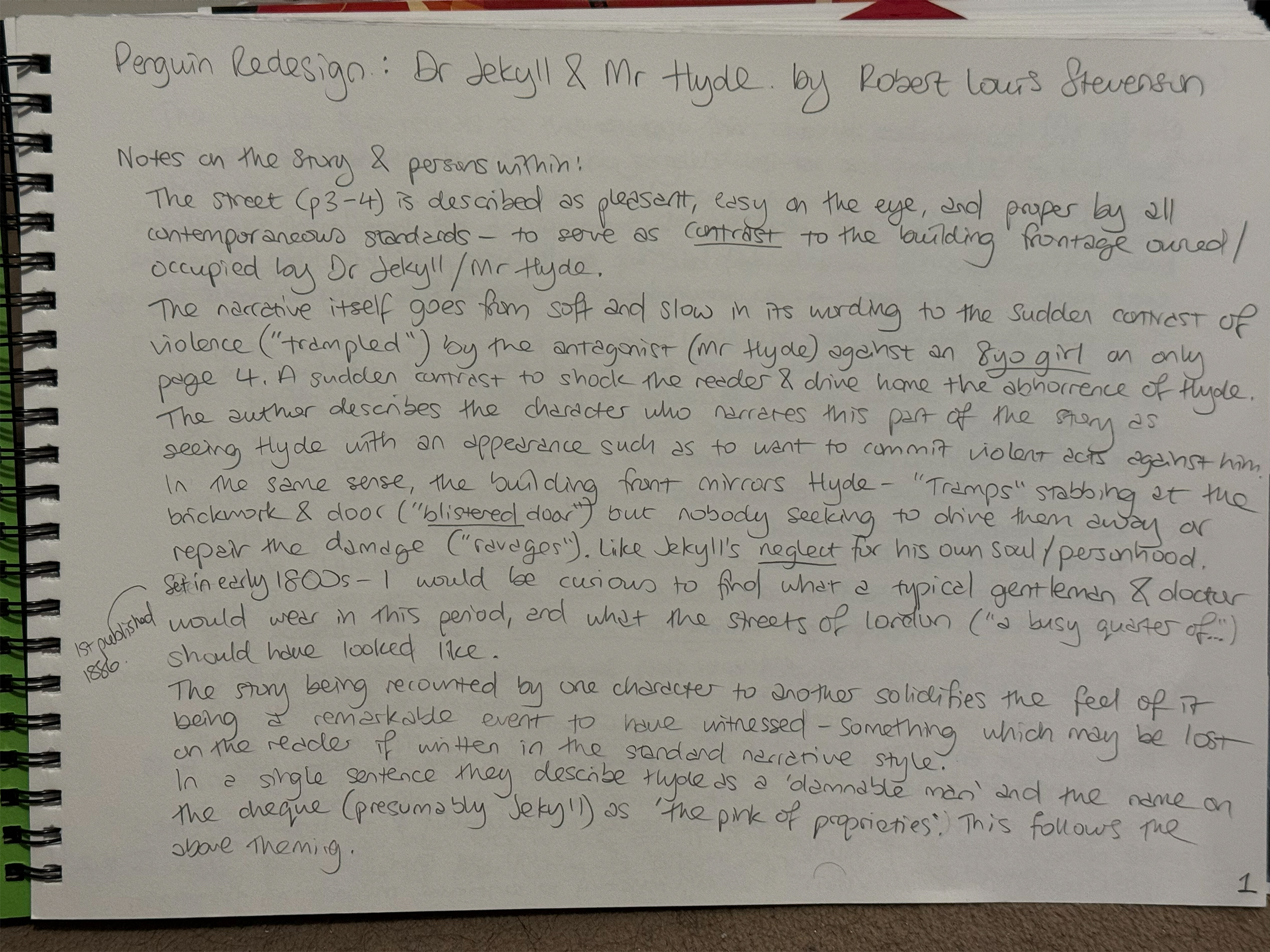 sketchbook page with research notes from dr jekyll and mr hyde