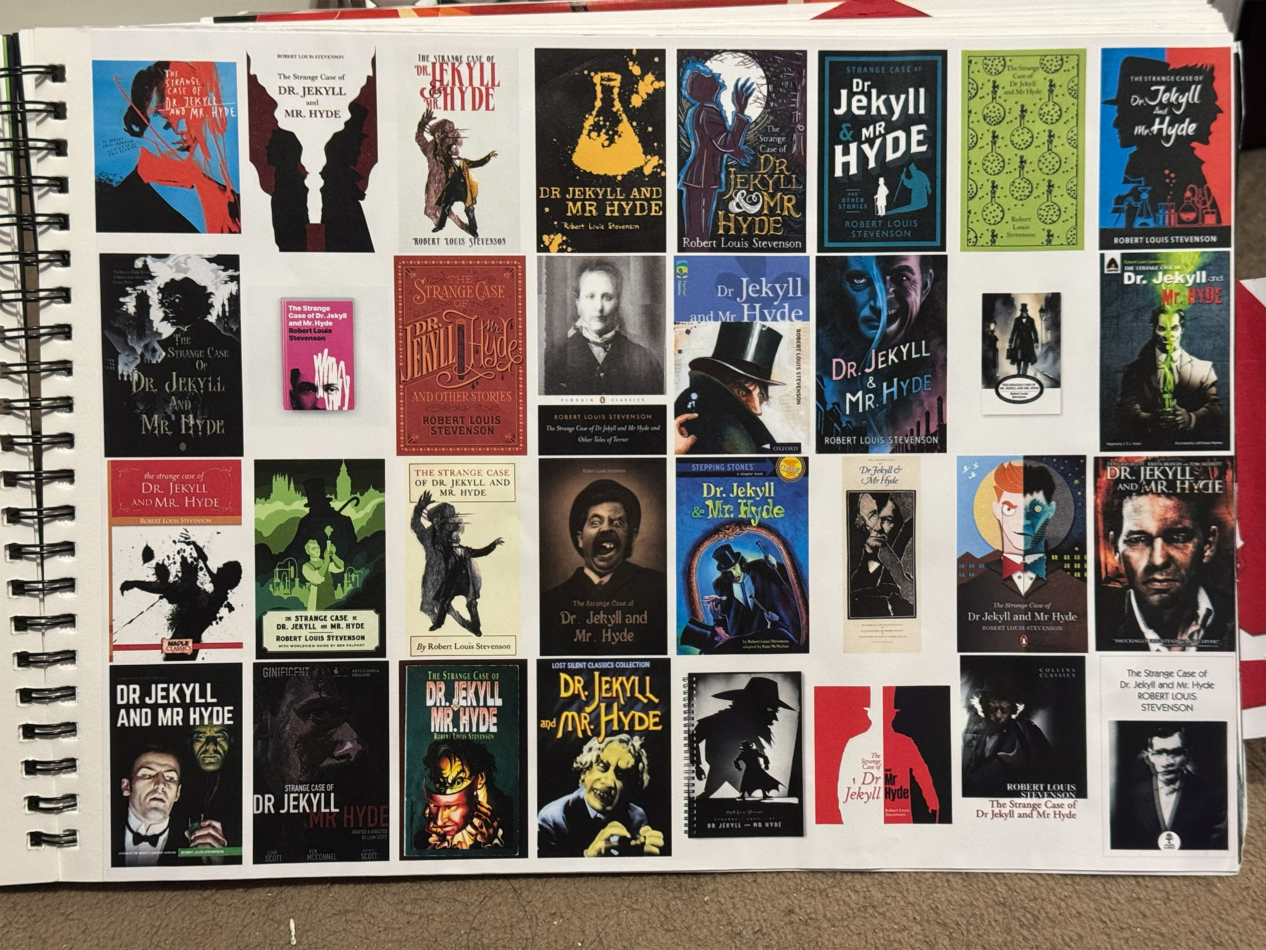 research page in sketchbook of previous publications of dr jekyll and mr hyde