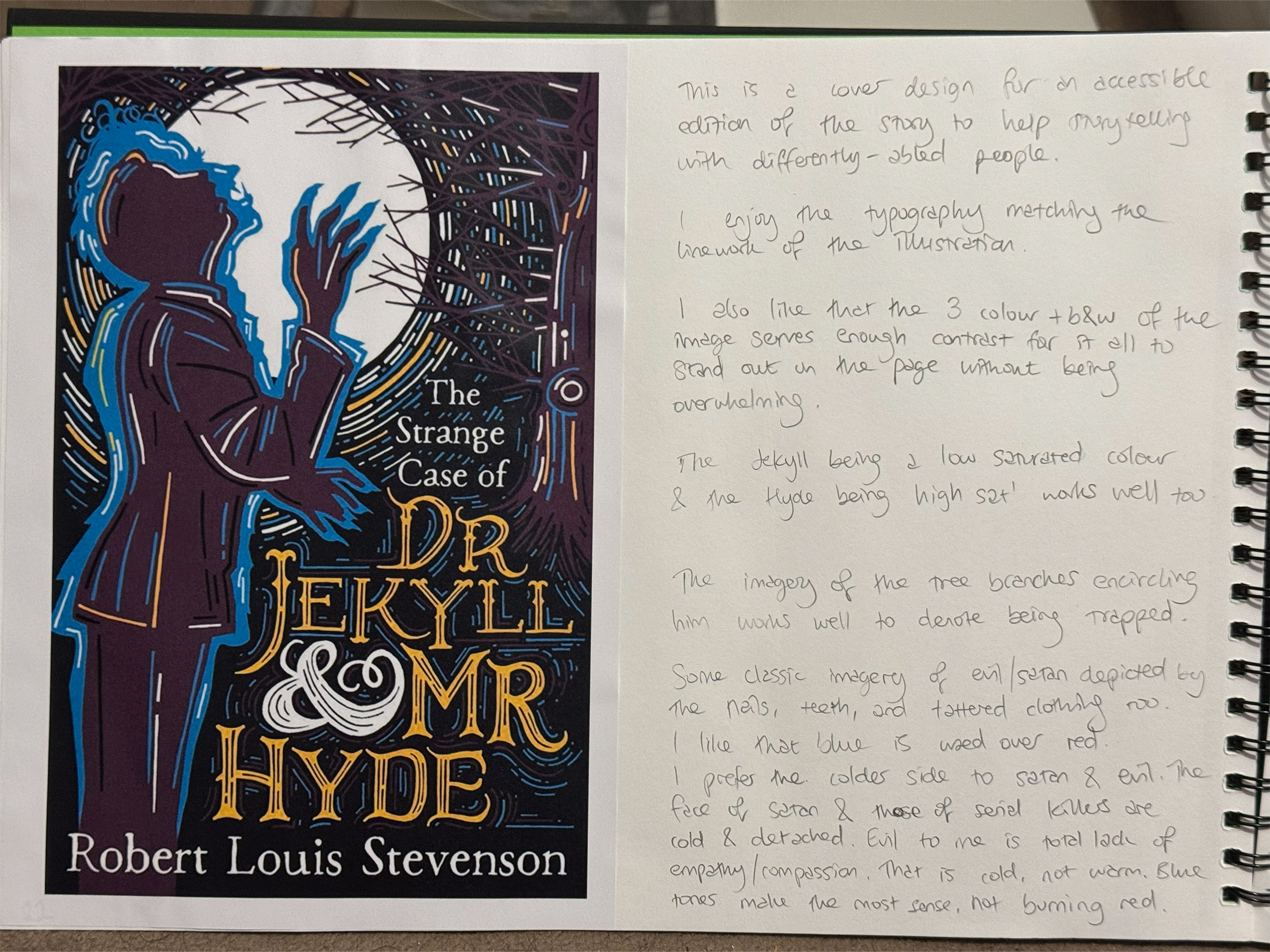 research page in sketchbook of previous publication of dr jekyll and mr hyde - blue and purple in linework