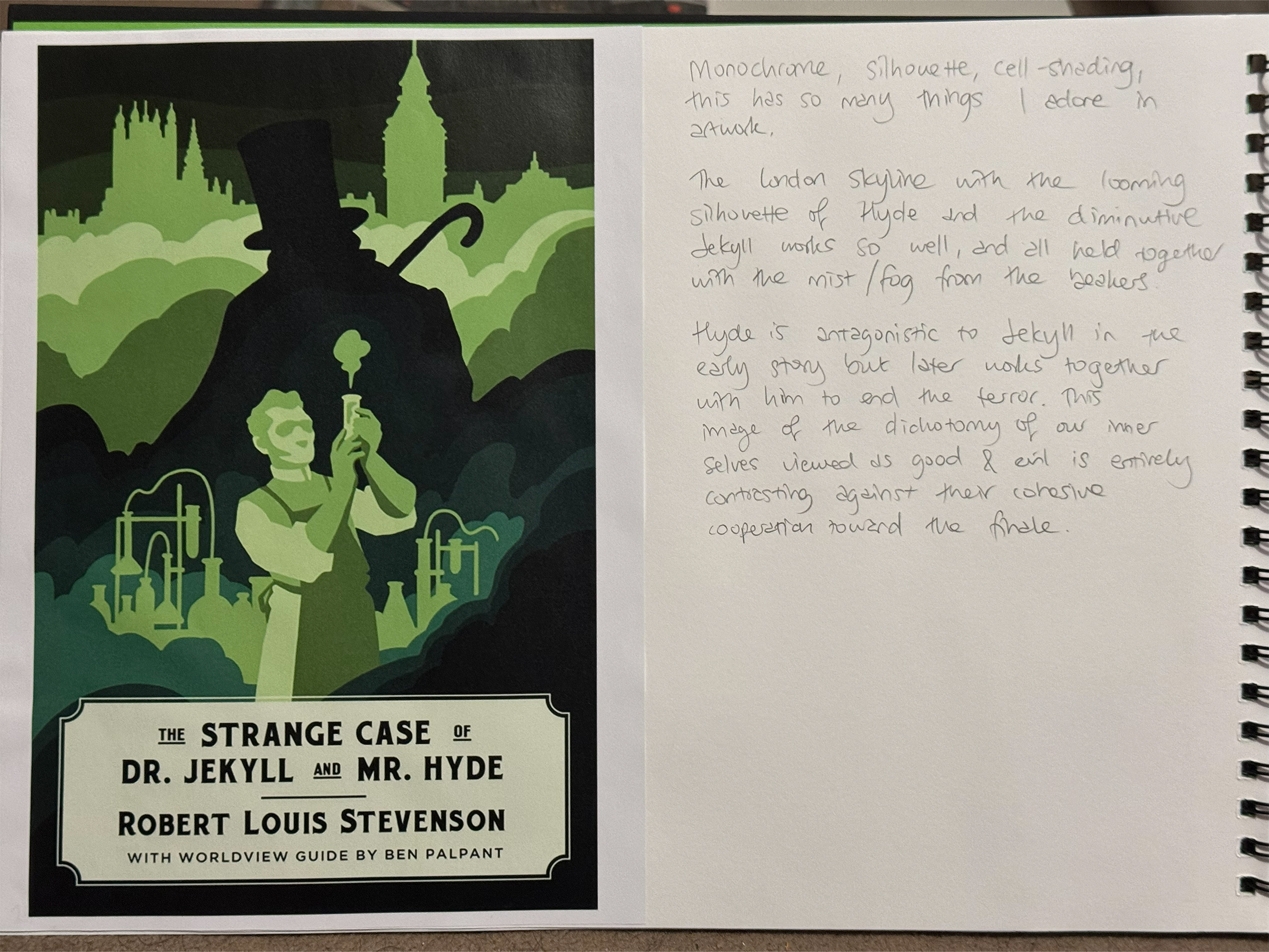 research page in sketchbook of previous publication of dr jekyll and mr hyde - green monochrome image making use of light and shadow