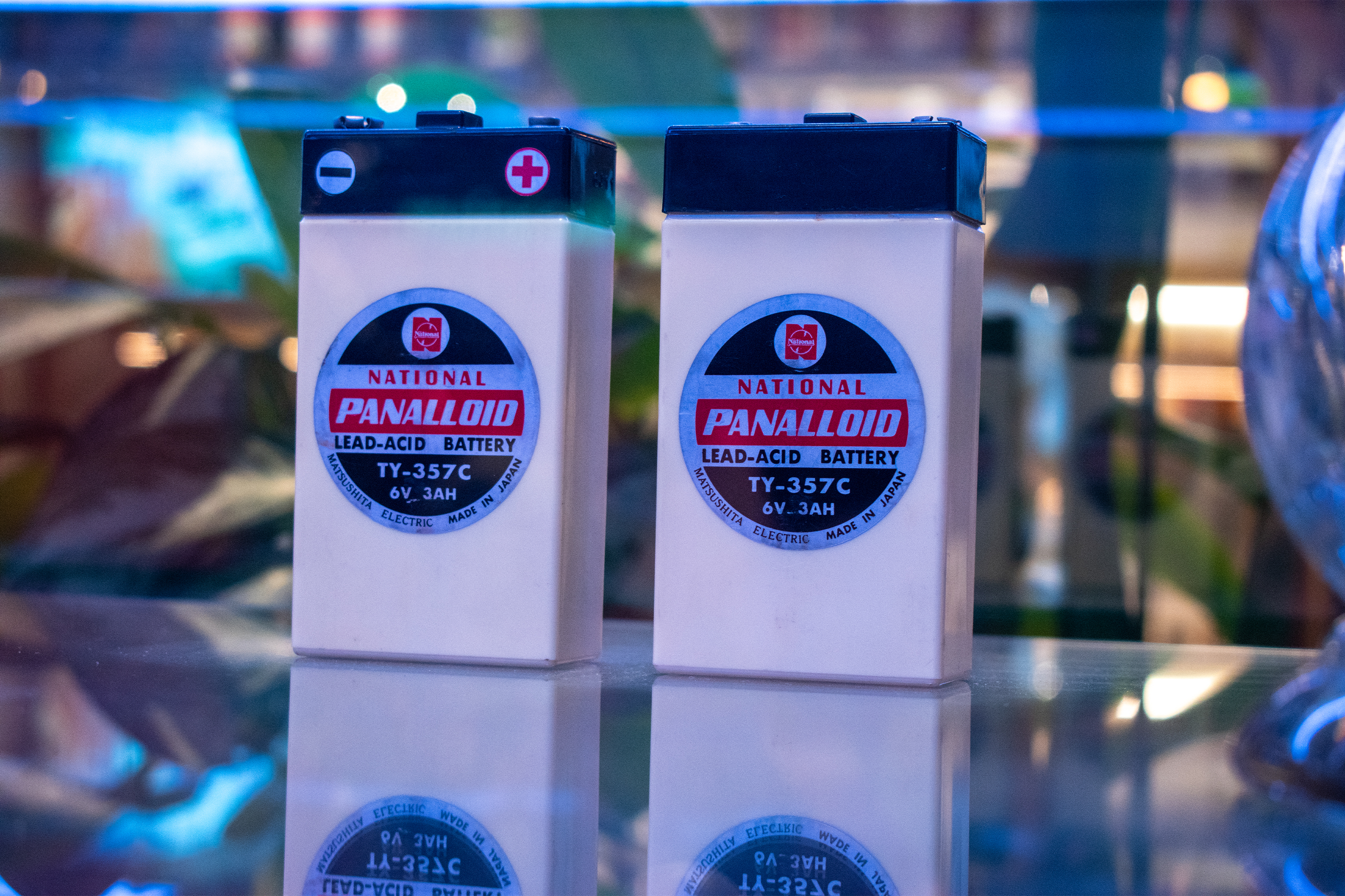 two vintage lead batteries at science museum in Amsterdam